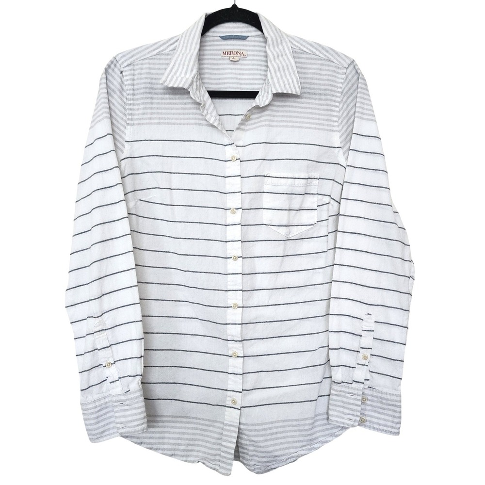 Womens White Striped Long Sleeve Button Down 100% Cotton L Preppy Nautical Comfy